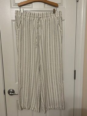 Wide-Leg Striped linen Drawstring Pants - Cream with Black Stripe